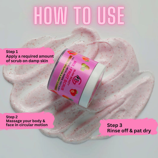 MIX-FRUIT SCRUB | Gently removes dead skin, tan, and impurities to reveal a smooth, radiant glow | Antioxidants & real fruits deeply exfoliates and removes dead skin cells | Nourishes & Hydrates.