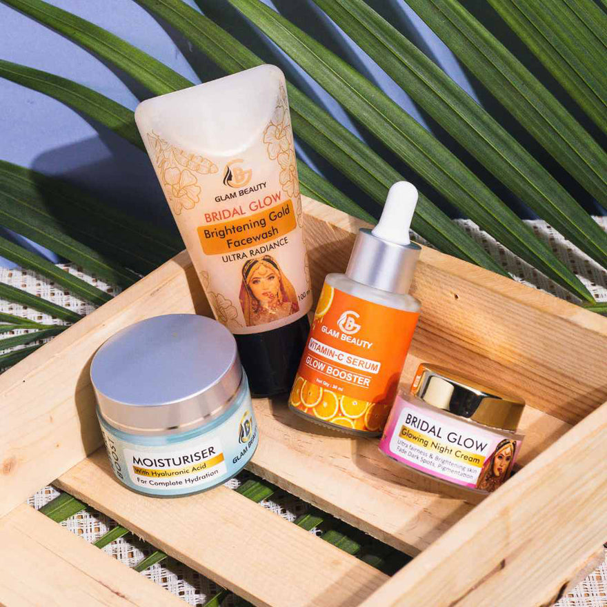 BRIDAL GLOW GLOWING NIGHT CREAM+ HYDRA BOOST MOISTURIZER+ VITAMIN C SERUM + BRIDAL GLOW BRIGHTEN GOLD FACEWASH