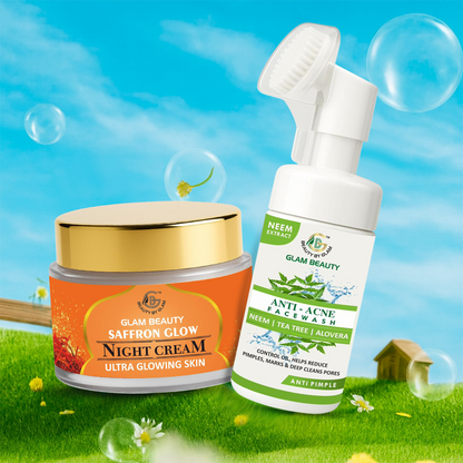 ACNE COMBO | Saffron Glow Night Cream + Neem Tea Tree Face Wash | Fights Pimples, open pores & Evens Skin Tone