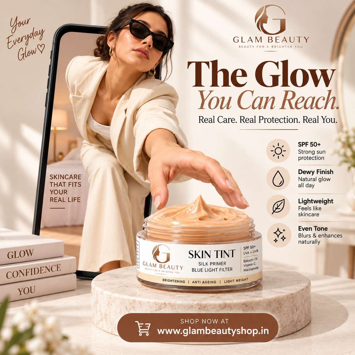 GLAM BEAUTY SKIN TINT – SPF 50+ | SILK PRIMER | BLUE LIGHT FILTER