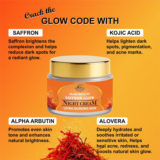 SAFFRON GLOW NIGHT CREAM Brightens complexion | Reduces dark spots | Deeply nourishing | Visible results in 7 days | Lightweight formula | Overnight repair | Evens skin tone | All skin types