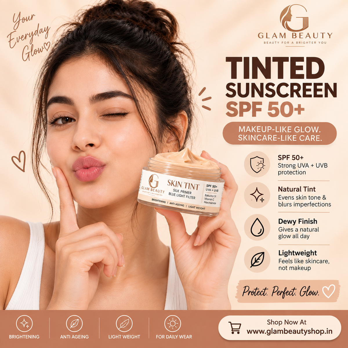 GLAM BEAUTY SKIN TINT – SPF 50+ | SILK PRIMER | BLUE LIGHT FILTER