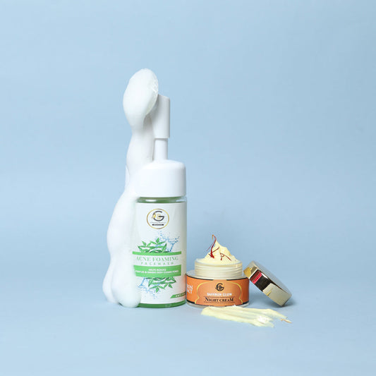 ACNE COMBO | Saffron Glow Night Cream + Neem Tea Tree Face Wash | Brightening Night Repair & Deep Cleansing | Fights Pimples & Evens Skin Tone | Oil Control & Radiant Glow | Suitable for Acne-Prone/Oily Skin.