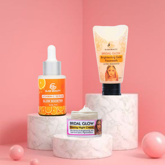 Day & Night Bridal Skincare Combo | Brightening Gold Facewash, Vitamin C Serum & Glowing Night Cream | Radiance Ritual for Ultra-Bright, Even-Toned, Bridal-Ready Skin.